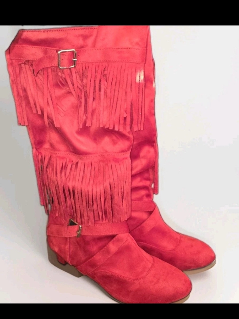 Womens Jingpin Red Fringe Western Cowgirl Boots Size 44 Knee High Buckle Slip On